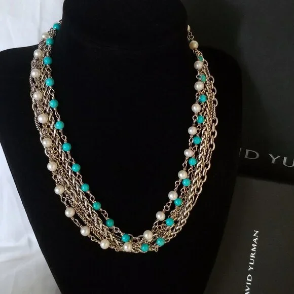 SOLD - DAVID YURMAN *RARE* 18K Gold Turquoise Pearl Necklace - Pristine! $2150 - Picture 8 of 13